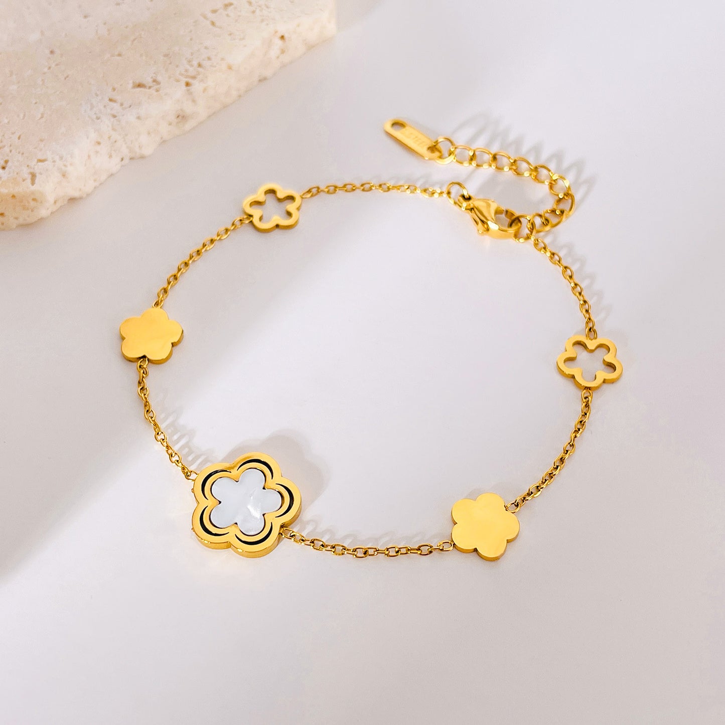 Women's Stainless Steel Hollow Five Petal Flower Mother Shell Bracelet